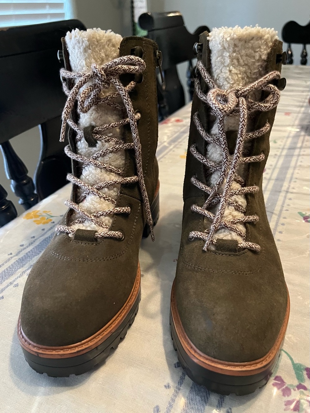 MARC FISHER Women's Suede Lace-Up Boot with Sherpa Lining - Olive 7M